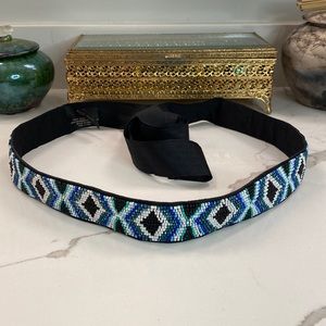WHBM - Tribal/Chevron-Patterned White/Black/Blue Solid Seed-Beadwork Belt EUC